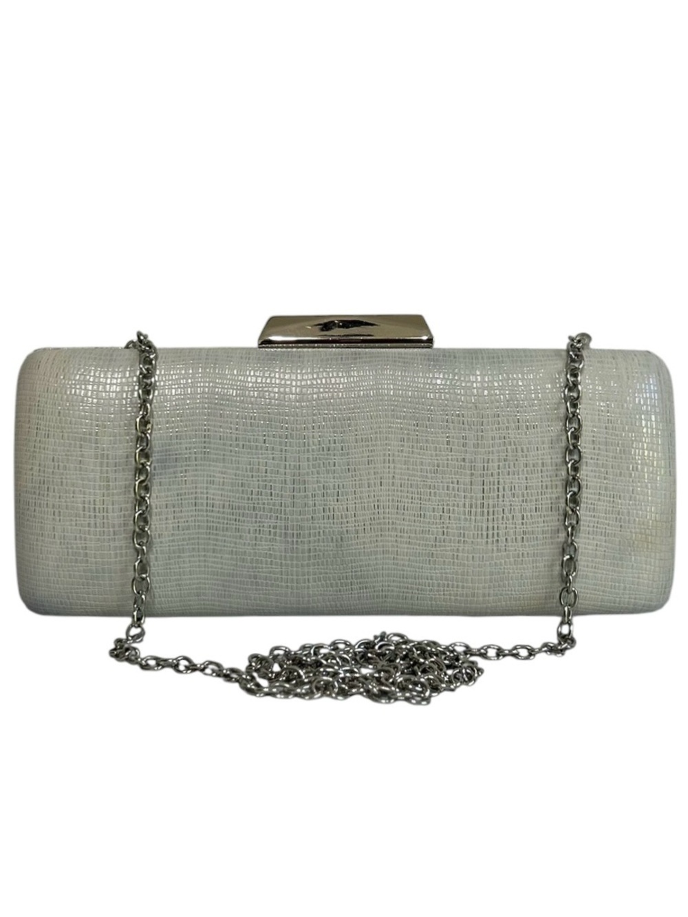 Neiman Marcus Evening Clutch White Silver Rectangle Hard Shell Wedding Purse
